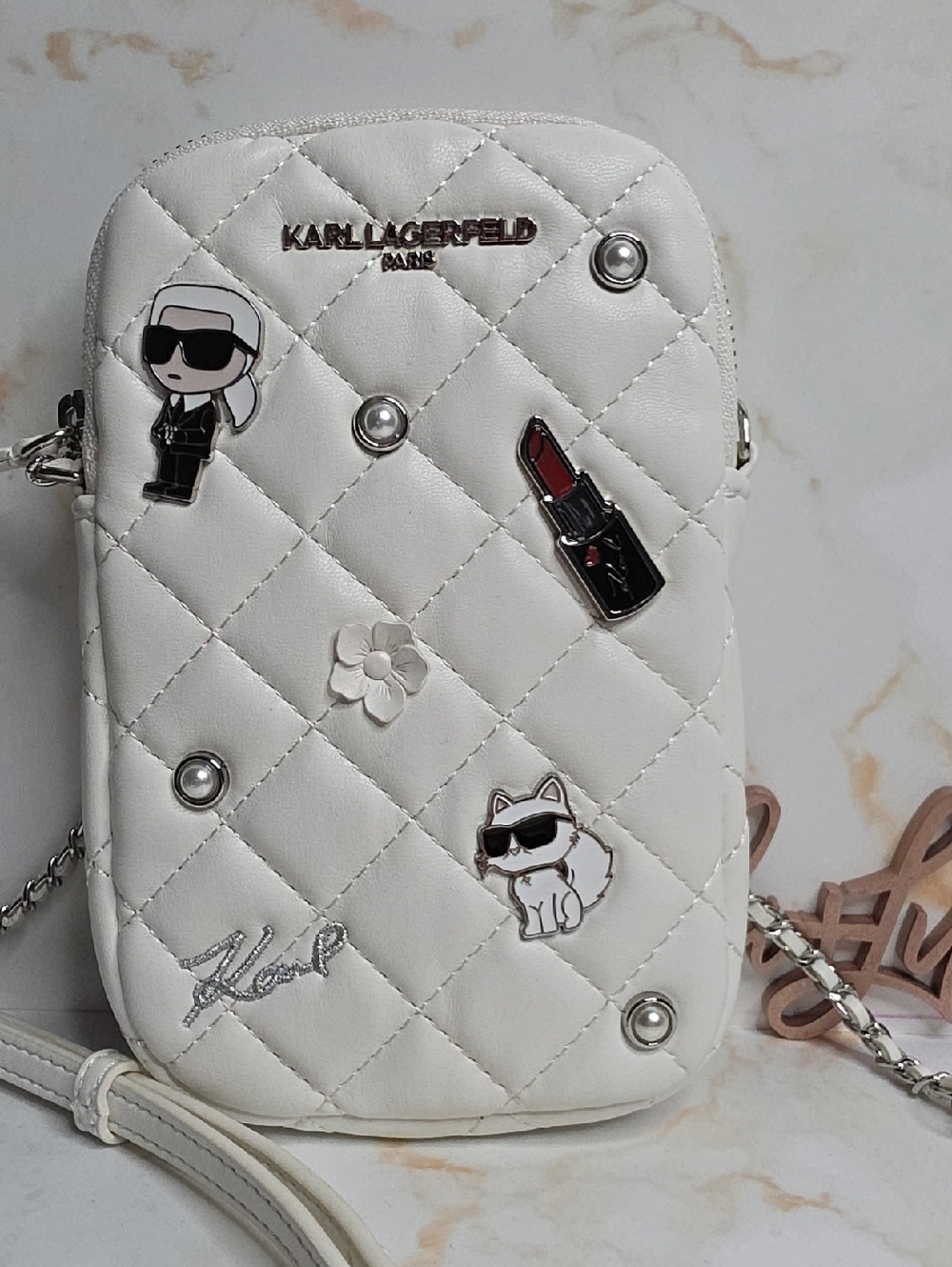 KARL LAGERFELD Quilted White Crossbody Phone Bag
